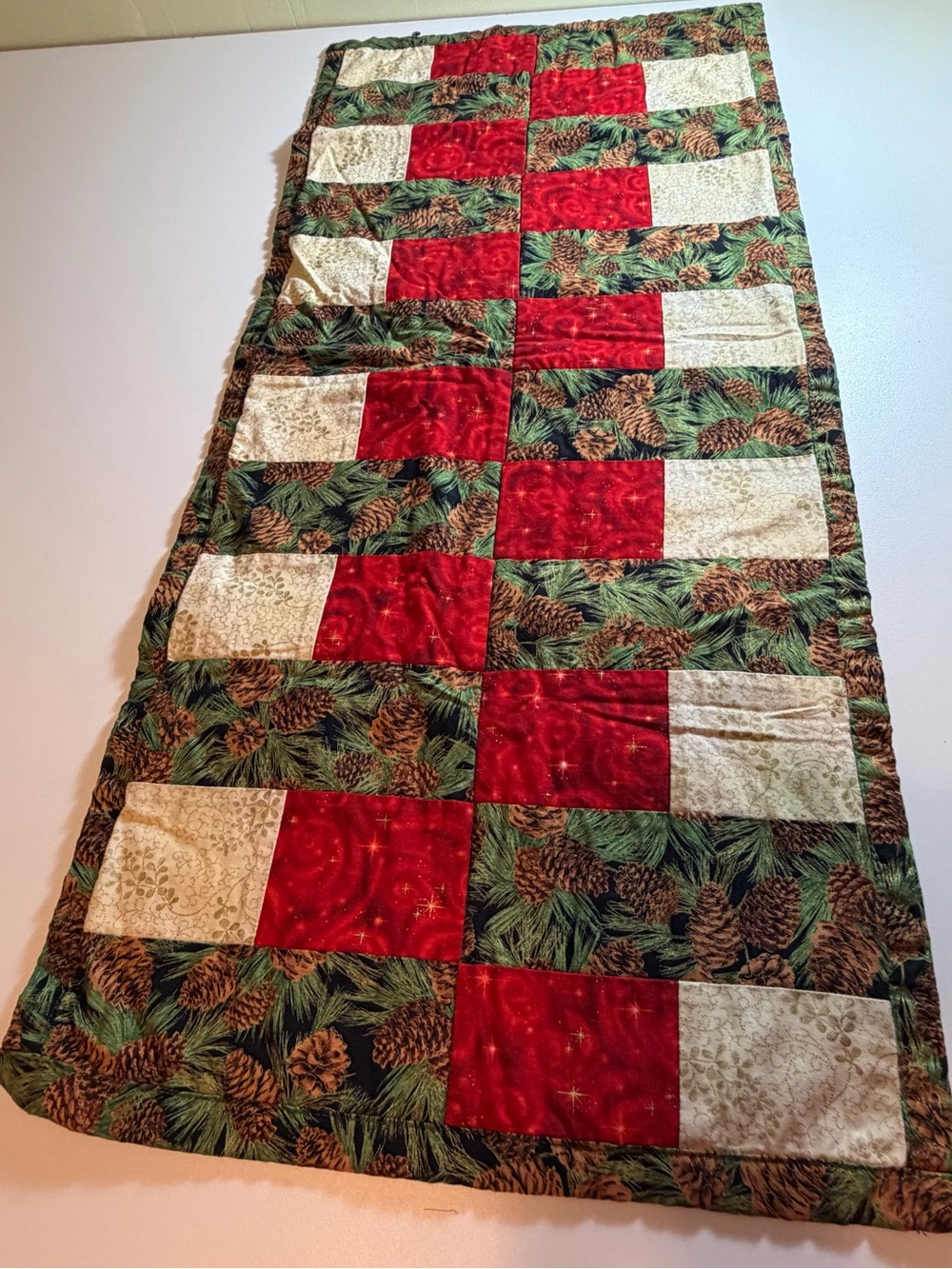 Handmade Quilted Christmas Table Runner Rustic Pinecone Patchwork Holiday Decor